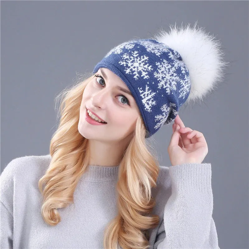 Christmas Snowflakes Winter Beanie Hat with Pom Pom