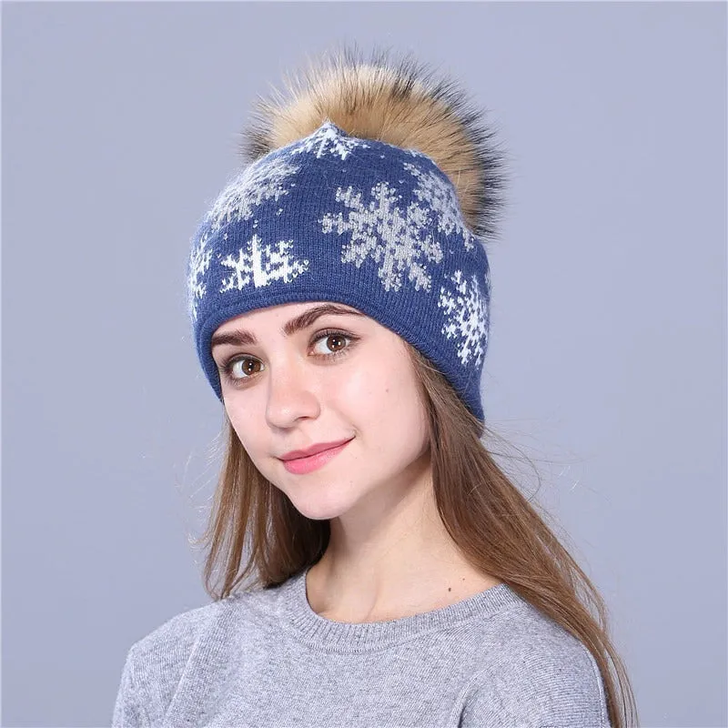 Christmas Snowflakes Winter Beanie Hat with Pom Pom