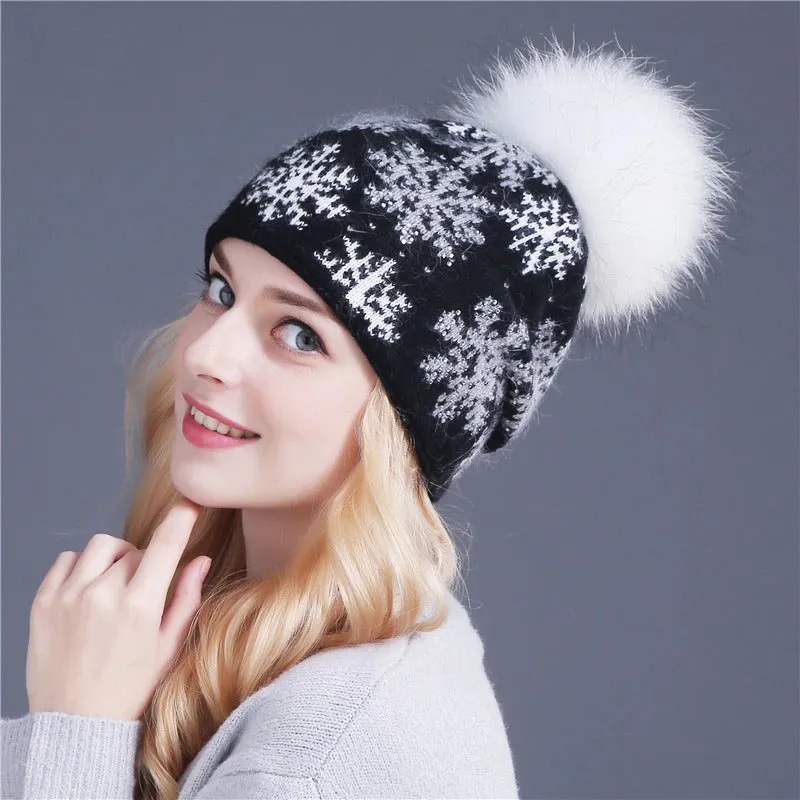 Christmas Snowflakes Winter Beanie Hat with Pom Pom