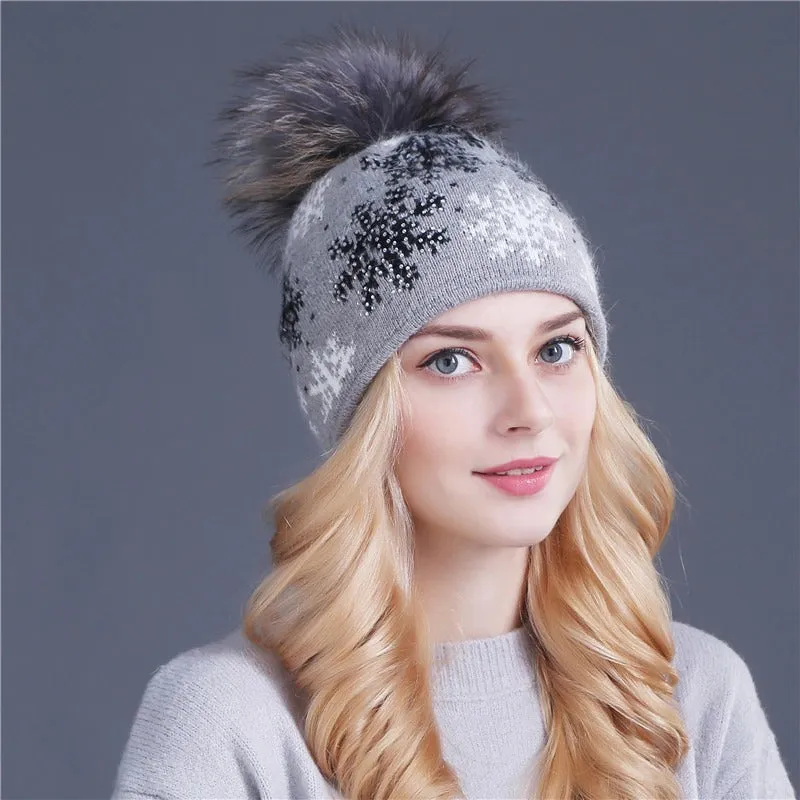 Christmas Snowflakes Winter Beanie Hat with Pom Pom