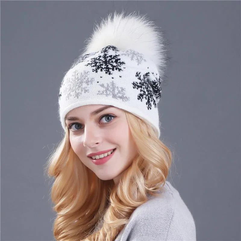 Christmas Snowflakes Winter Beanie Hat with Pom Pom