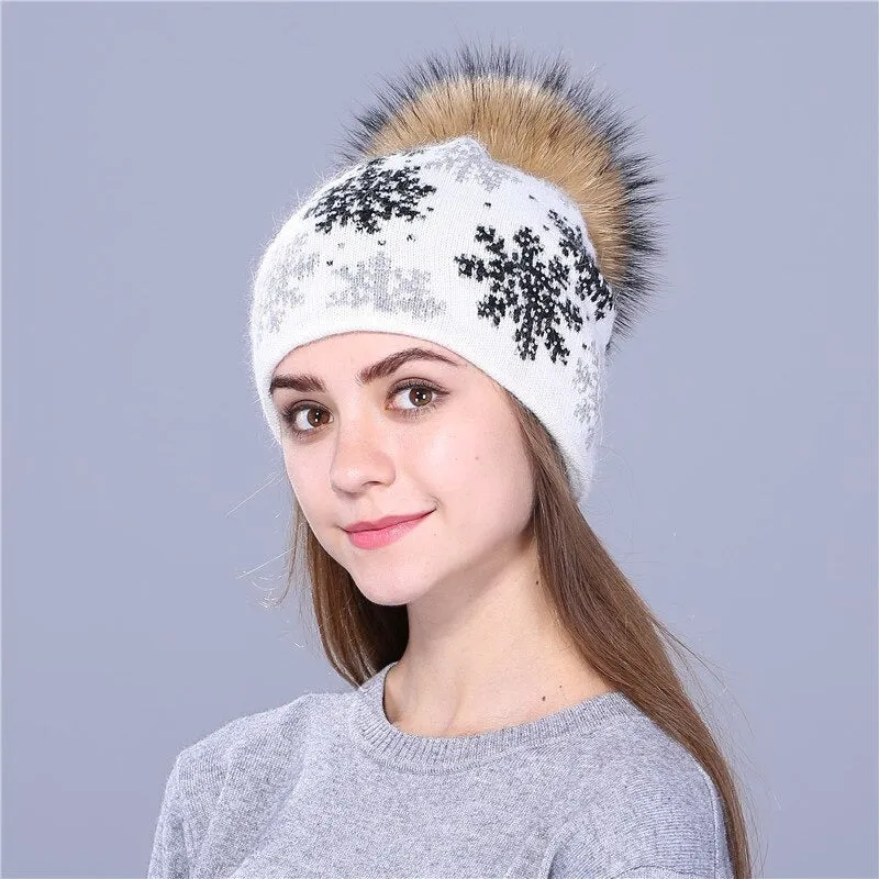 Christmas Snowflakes Winter Beanie Hat with Pom Pom