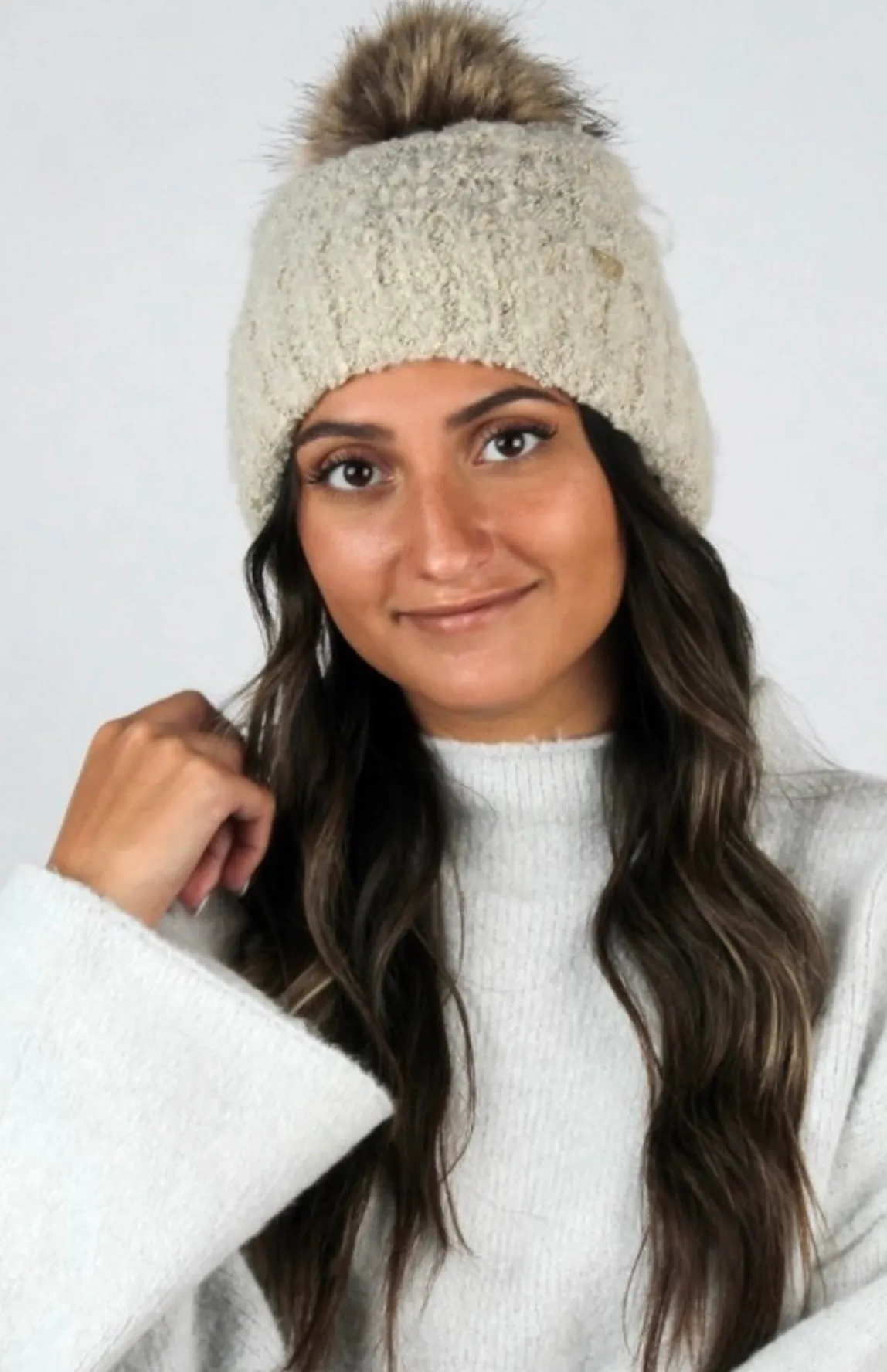 Cold As Ice Knit Fur Pom Beanie Hat: Beige