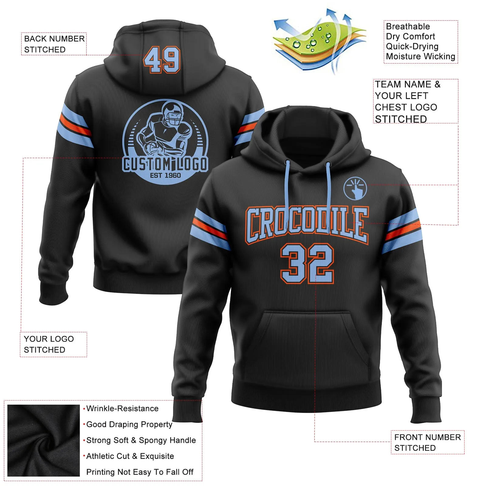 Custom Stitched Black Light Blue-Orange Football Pullover Sweatshirt Hoodie