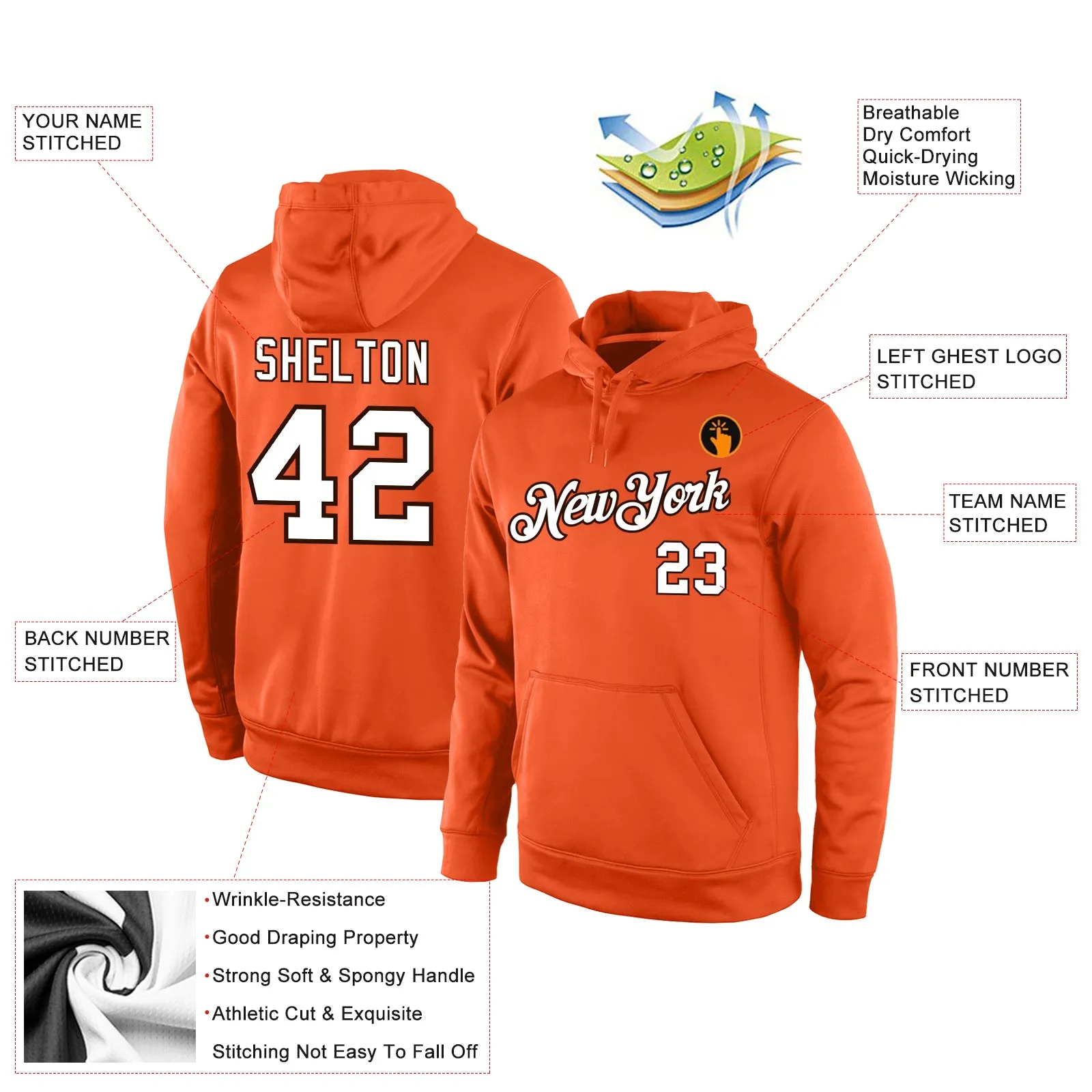 Custom Stitched Orange White-Brown Sports Pullover Sweatshirt Hoodie