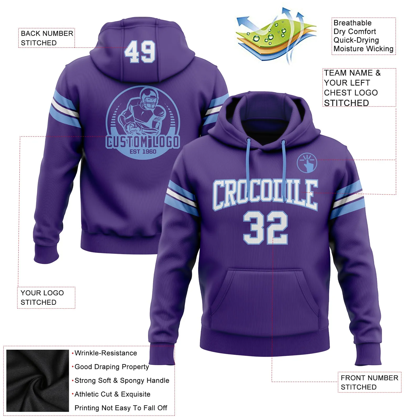 Custom Stitched Purple White-Light Blue Football Pullover Sweatshirt Hoodie