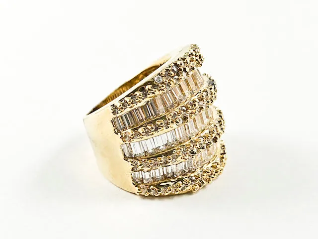 Elegant Multi Level Row Baguette & Fine CZ Setting Gold Tone Statement Brass Ring