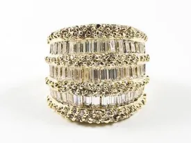 Elegant Multi Level Row Baguette & Fine CZ Setting Gold Tone Statement Brass Ring