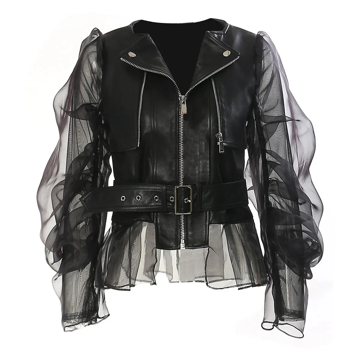 Elegant Mystique Black Faux Leather & Mesh Jacket