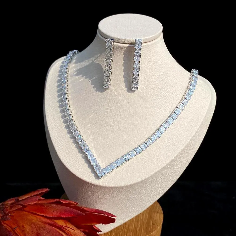 Fashion Necklace Shiny Geometric AAA CZ Diamonds Bridal Set