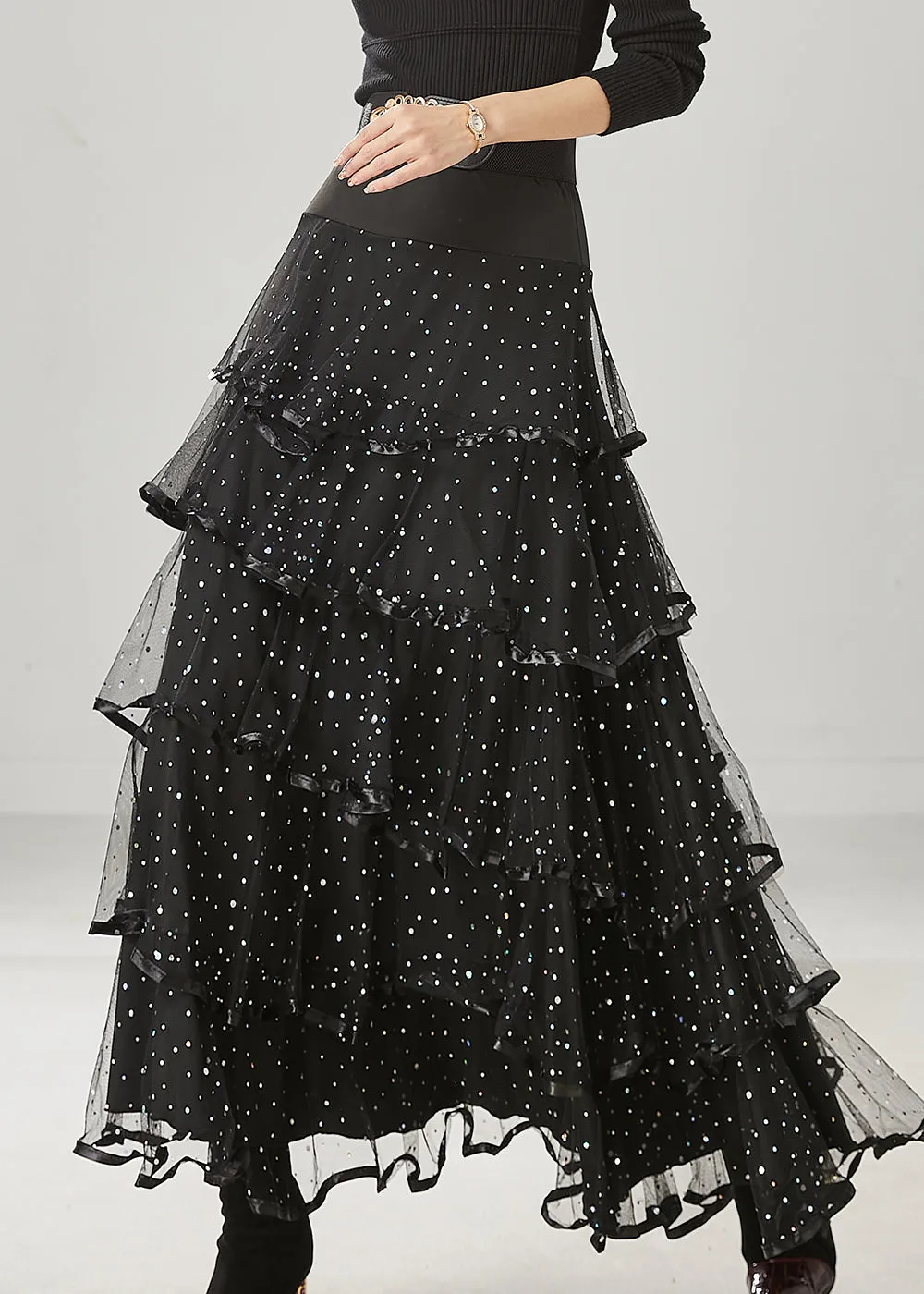 Fine Black Layered Ruffles Tulle Holiday Skirt Spring YU1011