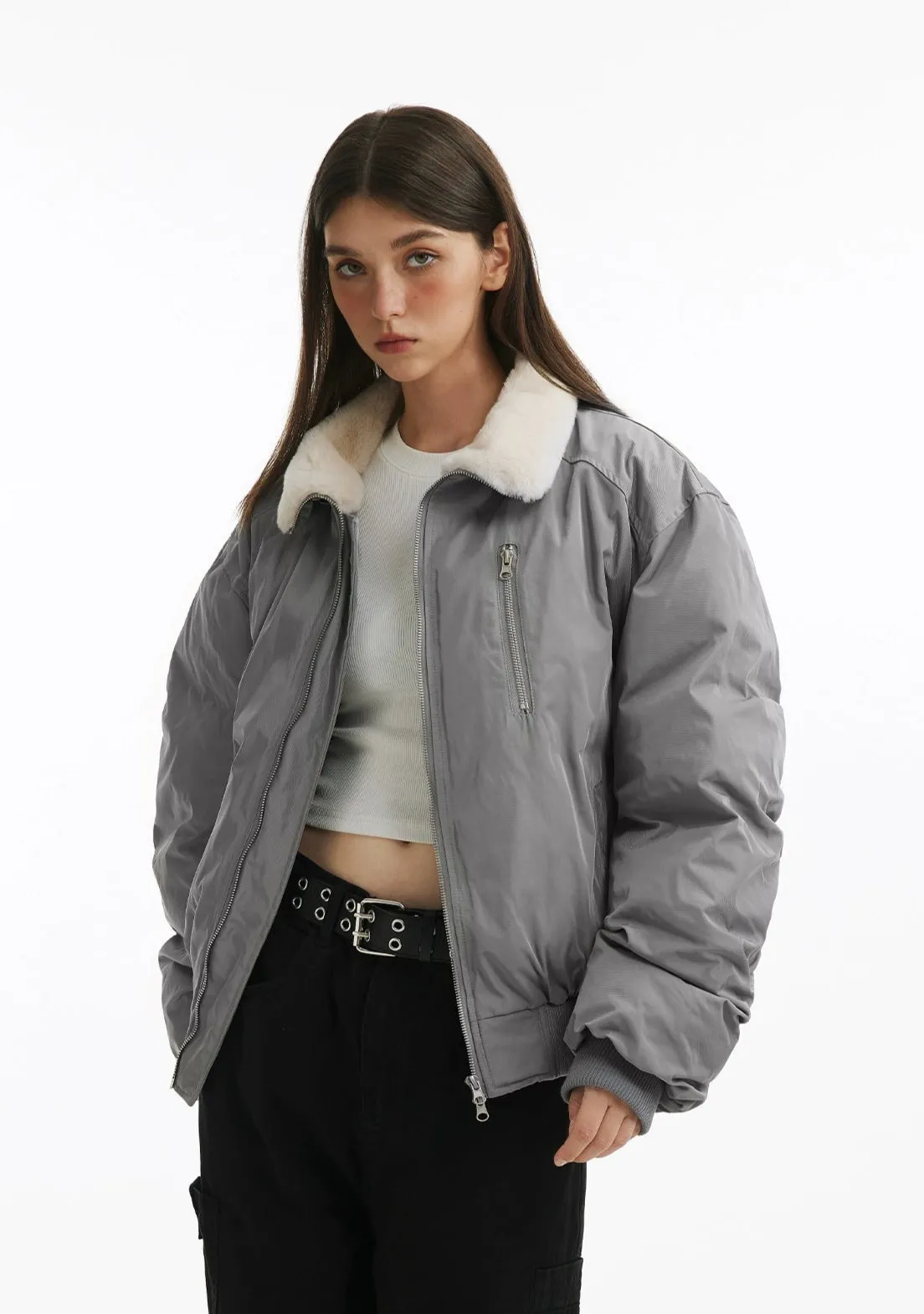 Fleece Lined Oversized Puffer Jacket with Zip Pocket Detail