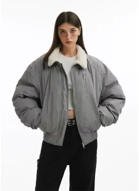 Fleece Lined Oversized Puffer Jacket with Zip Pocket Detail