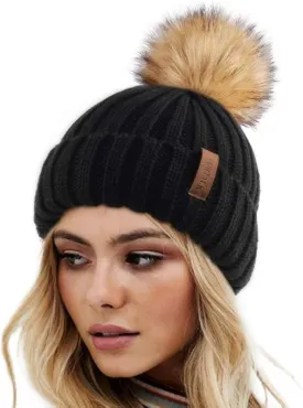 FURTALK Winter Hats for Women Double Layer Fleece Line Beanie Hat with Bobble Pom Pom Hats