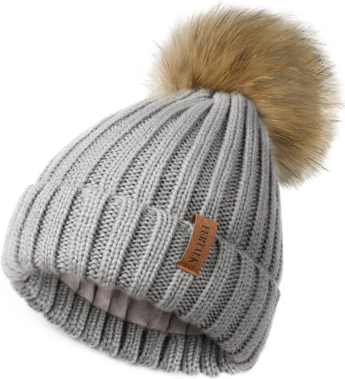 FURTALK Winter Hats for Women Double Layer Fleece Line Beanie Hat with Bobble Pom Pom Hats