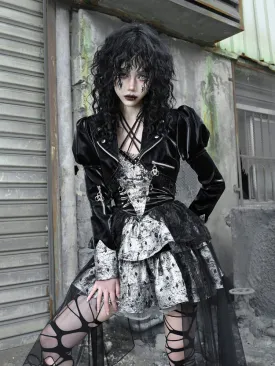 Gothic Punk Cropped Leather Jacket with Puff Shoulders and Lace Trim