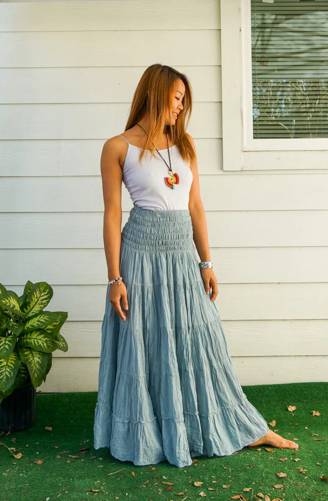 Gray Raw Crinkled Organic Cotton Gauze Tiered Maxi Skirt