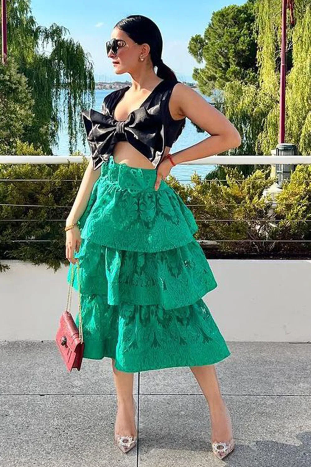 Green Textured Layered Skirt