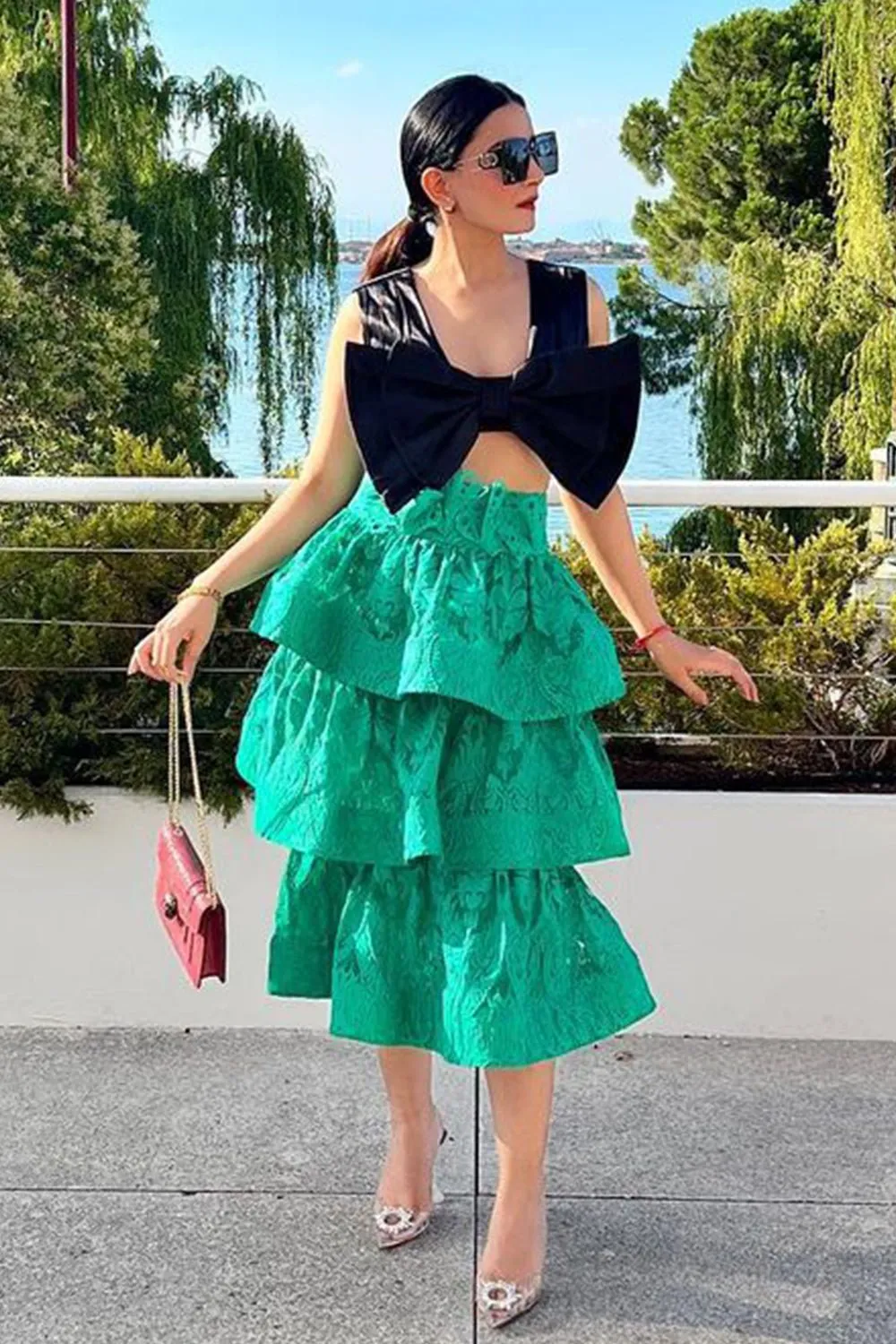 Green Textured Layered Skirt