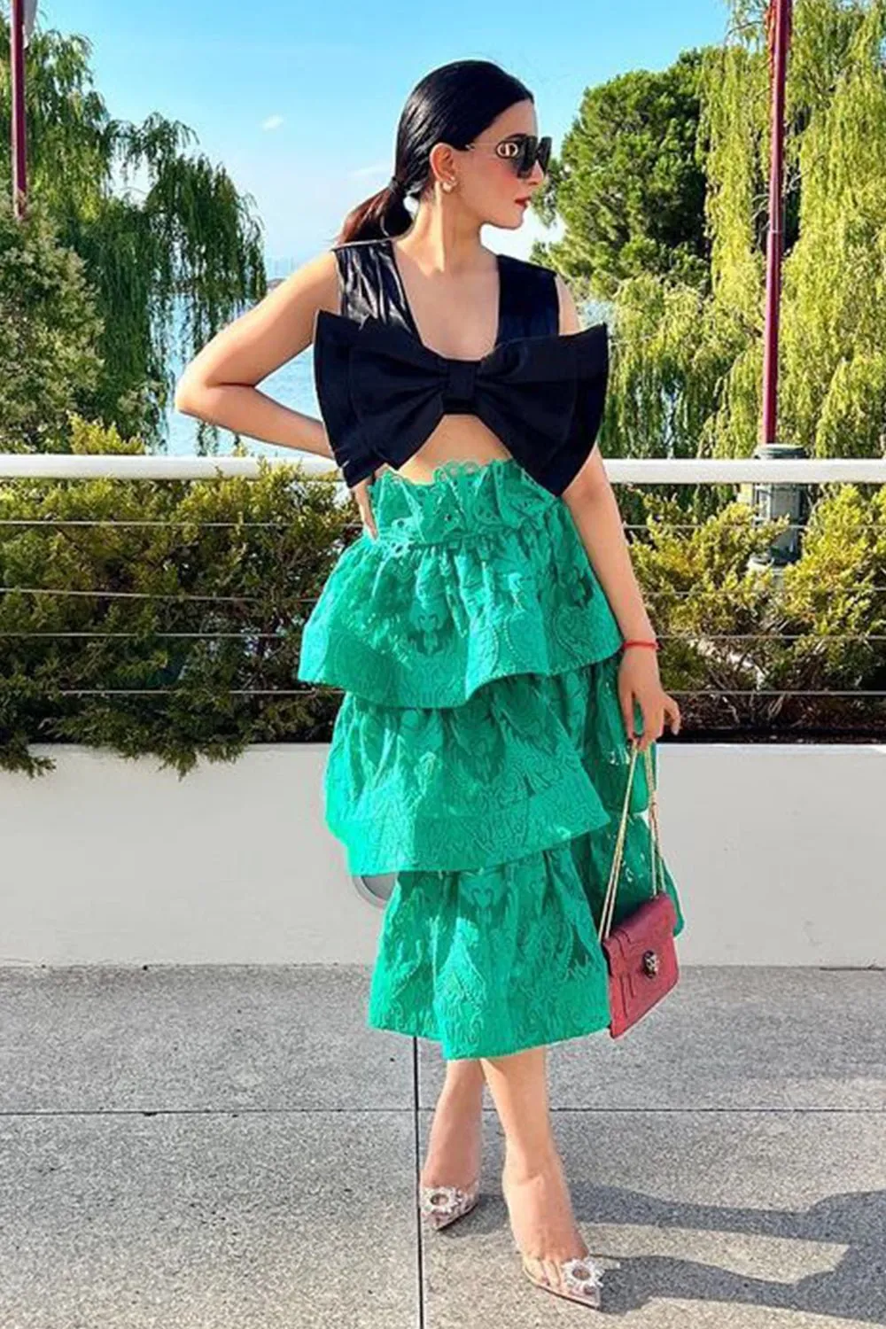 Green Textured Layered Skirt