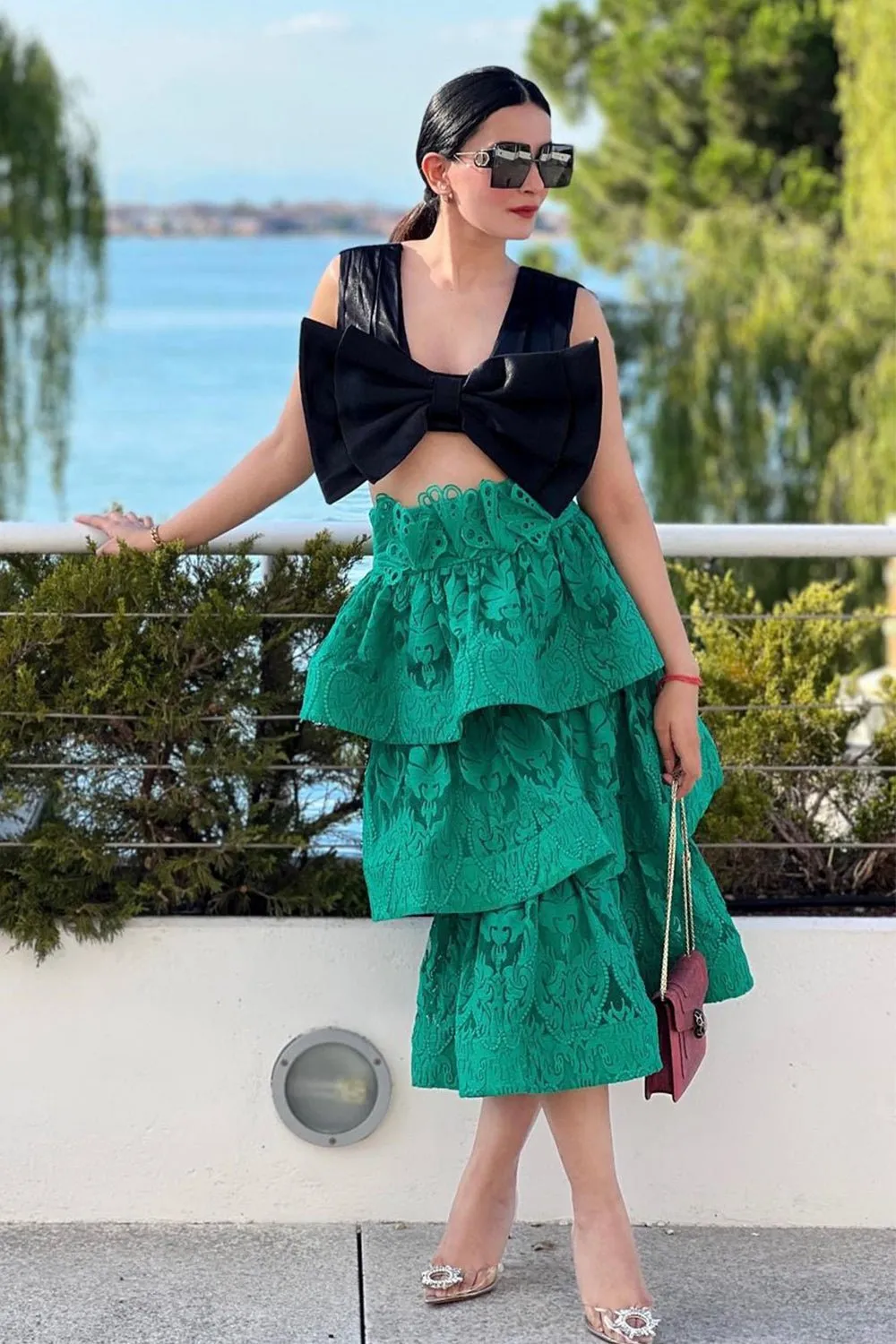 Green Textured Layered Skirt