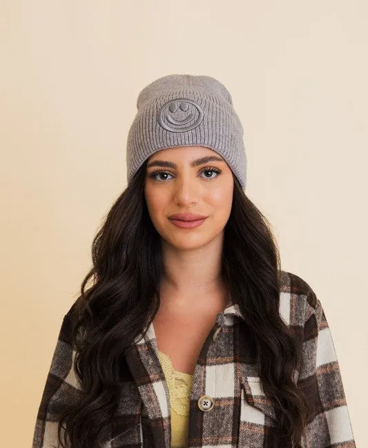 Happy Face Embroidered Ribbed Knit Beanie