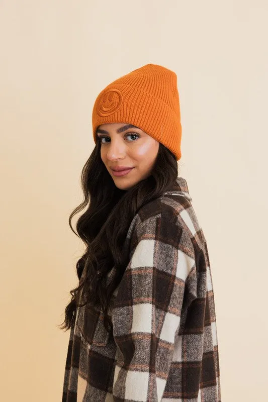 Happy Face Embroidered Ribbed Knit Beanie