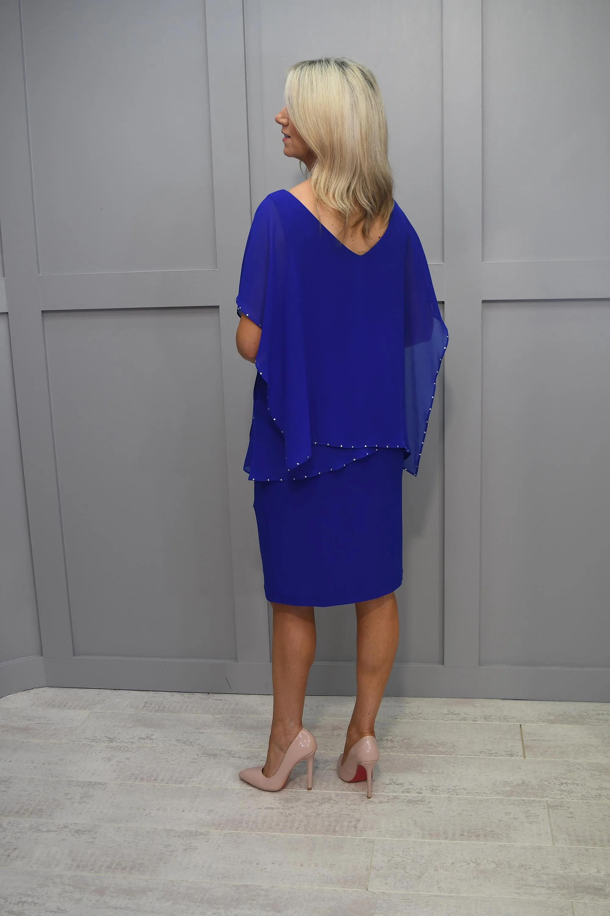 Joseph Ribkoff Royal Blue Dress With Chiffon Overlay & Diamante Detail-233757 2922