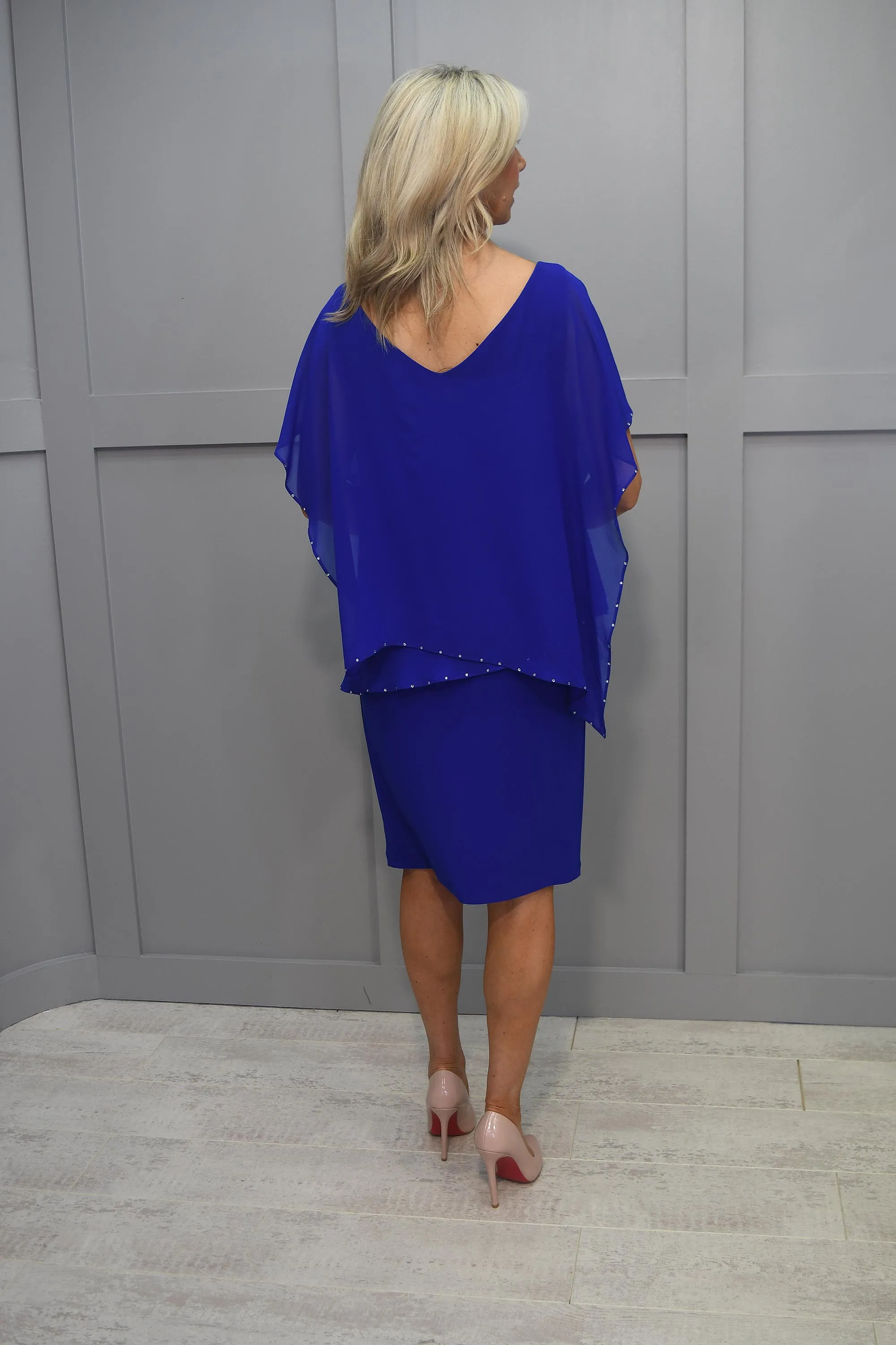 Joseph Ribkoff Royal Blue Dress With Chiffon Overlay & Diamante Detail-233757 2922