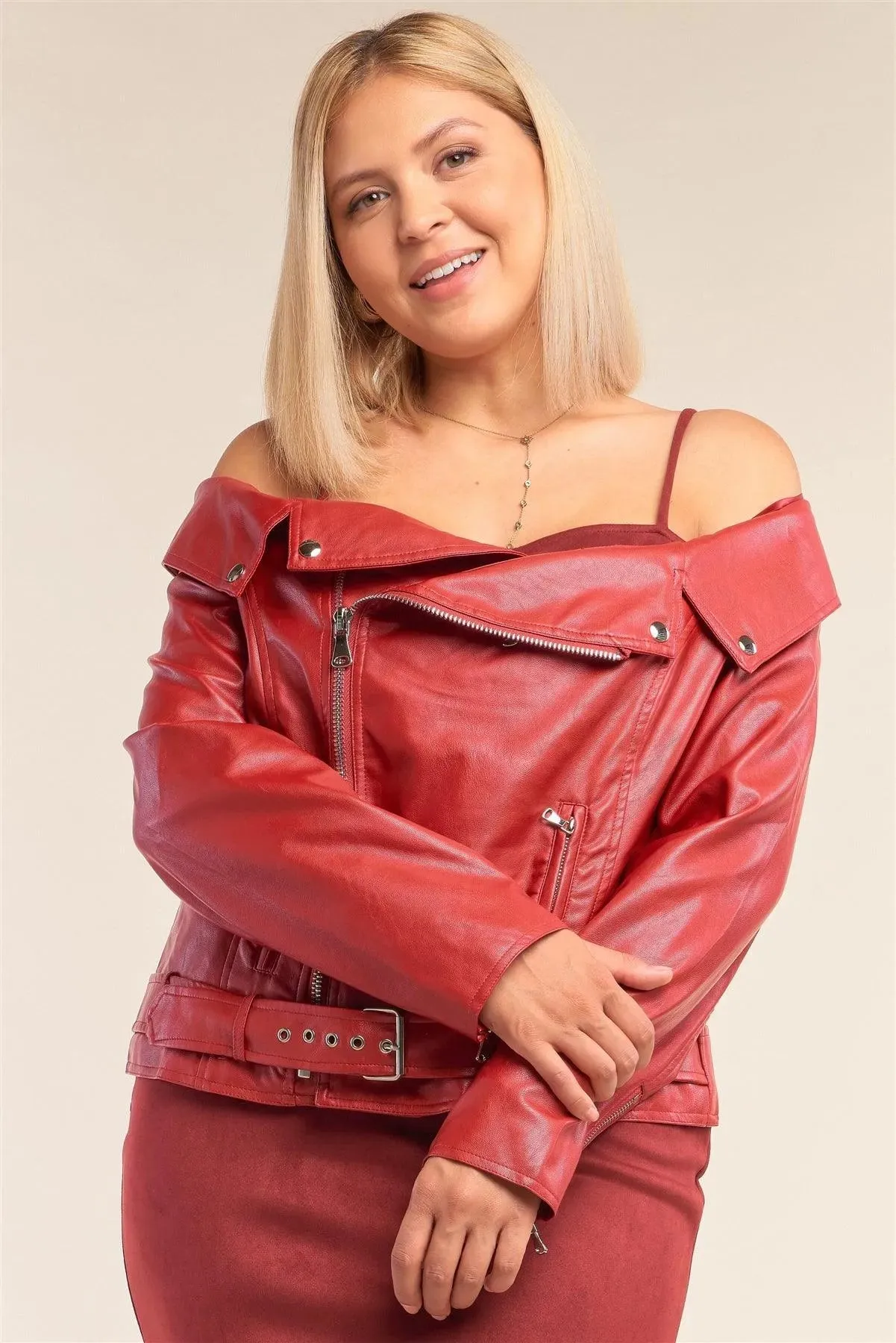 Junior Plus Size Burgundy Vegan Leather Off-The-Shoulder Oblique Zipper Belted Cropped Jacket /2-2-2