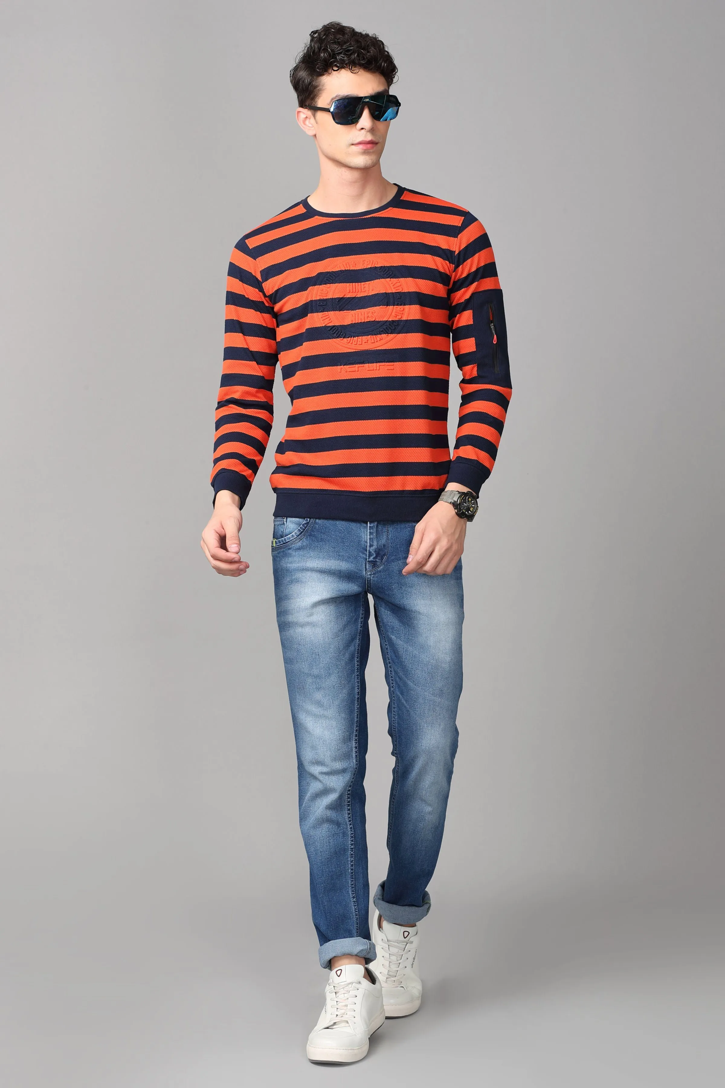 KEF Men's Orange & Black Striped Pullover Sweater