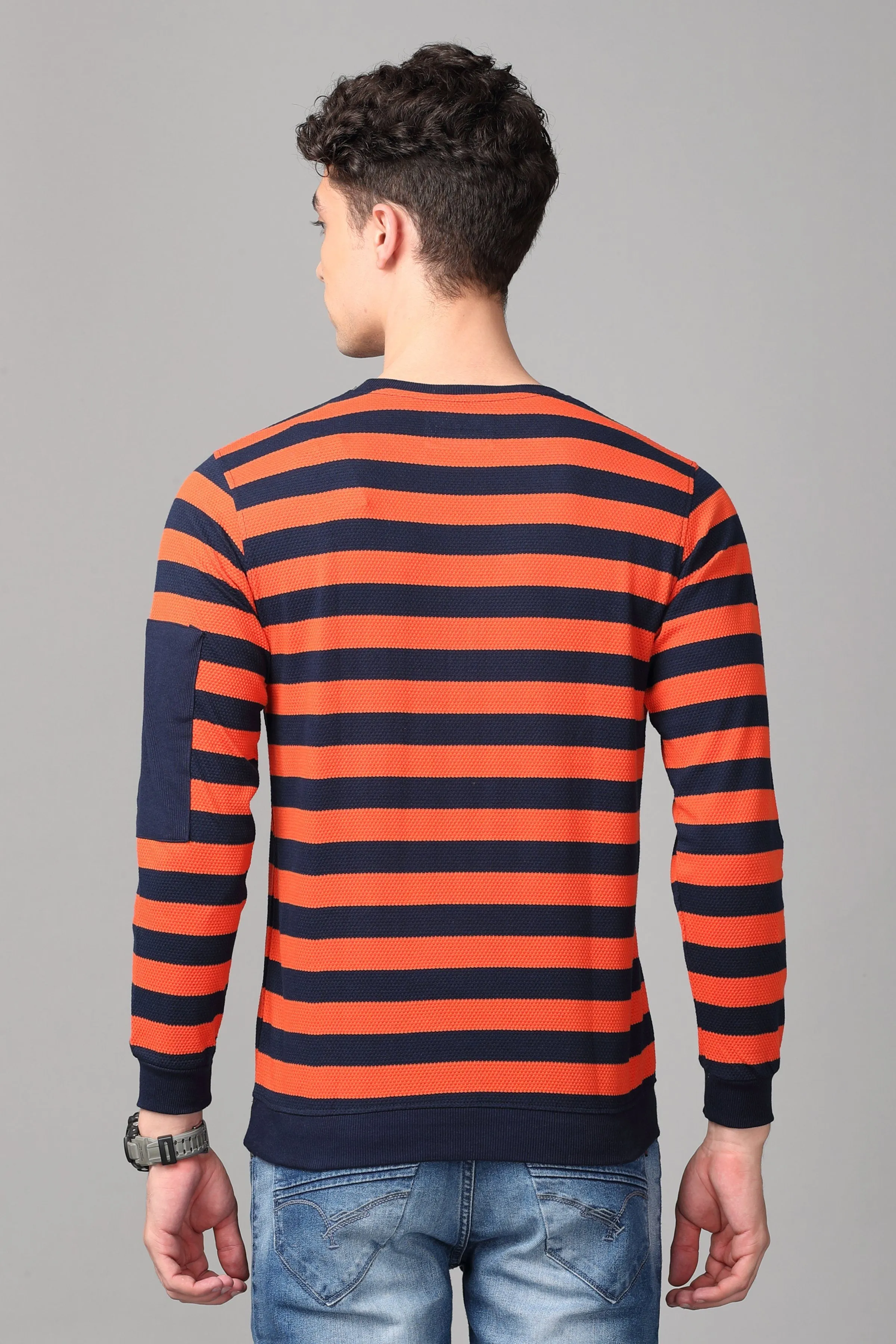 KEF Men's Orange & Black Striped Pullover Sweater