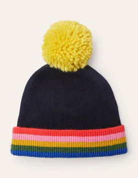 Knitted Bobble Hat-Navy, Multi Stripe