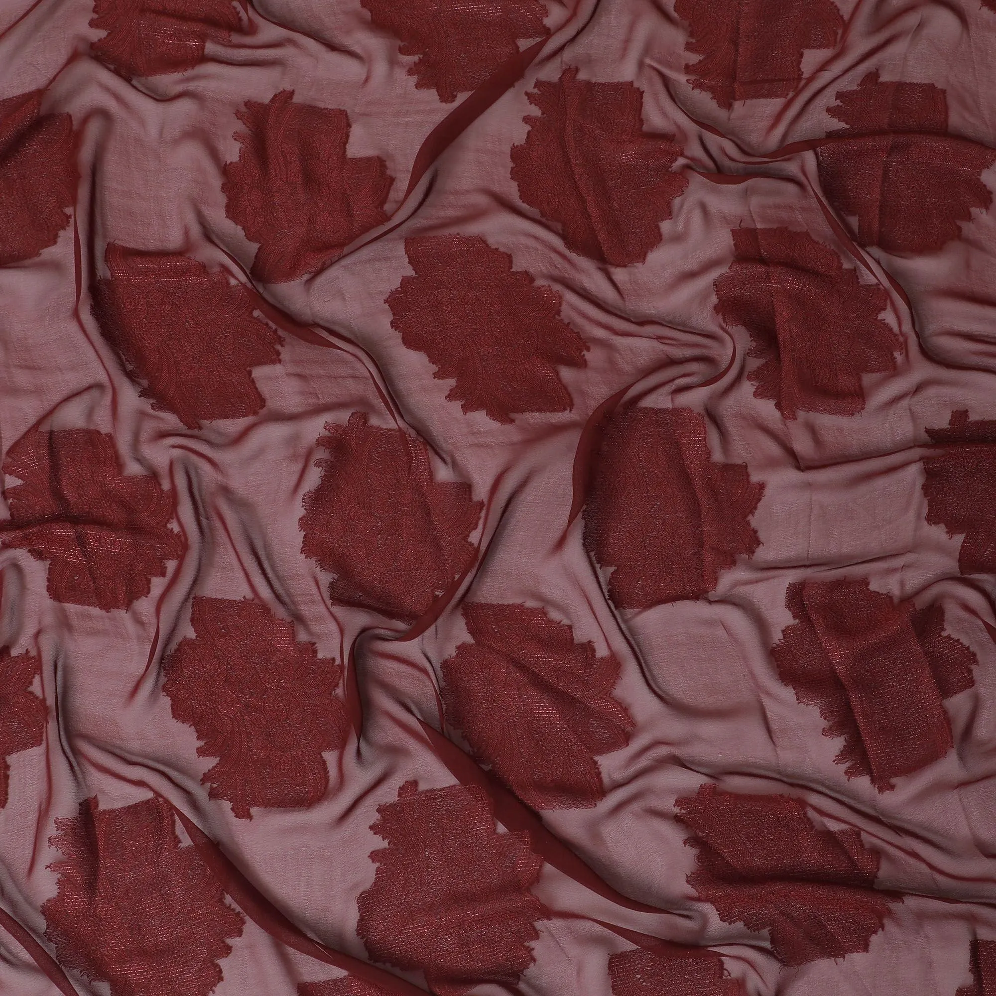 Maroon synthetic chiffon fabric with same tone viscose and metallic lurex in floral design-D11904