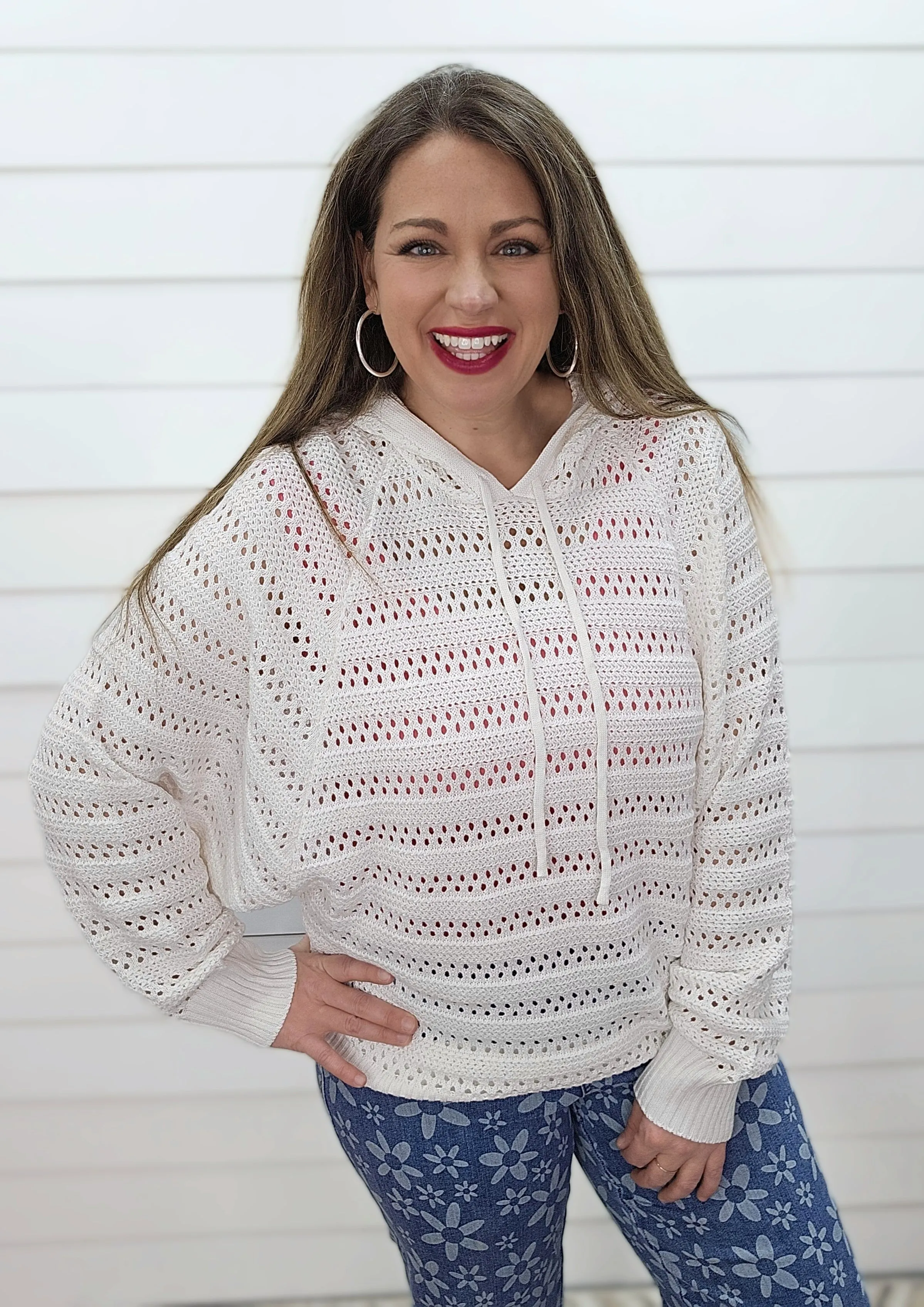 OFF WHITE CROCHET LIKE DOLMAN HOODED PULLOVER