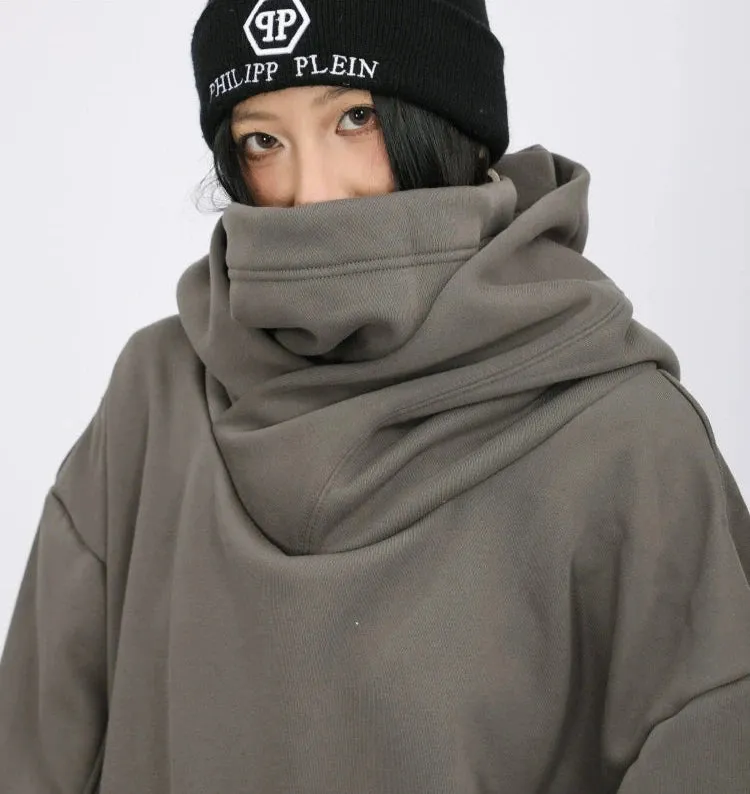 Oversized Drop Shoulder Layered Funnel-Neck Hoodie