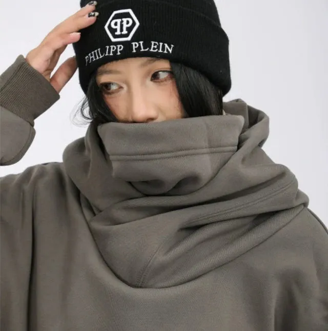 Oversized Drop Shoulder Layered Funnel-Neck Hoodie