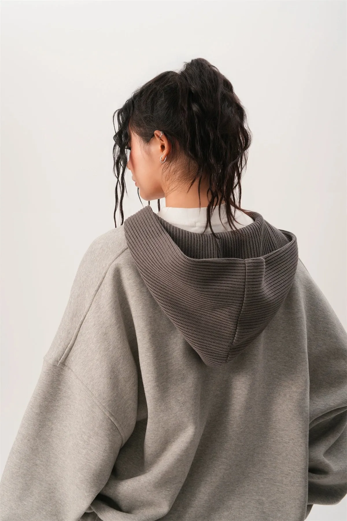 Oversized Knit Ribbed Heathered Hoodie