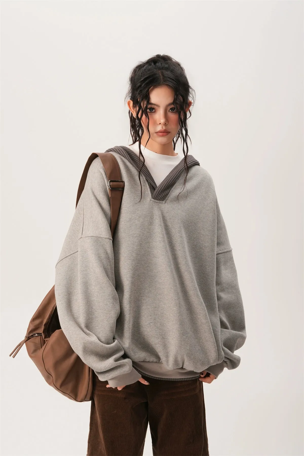 Oversized Knit Ribbed Heathered Hoodie