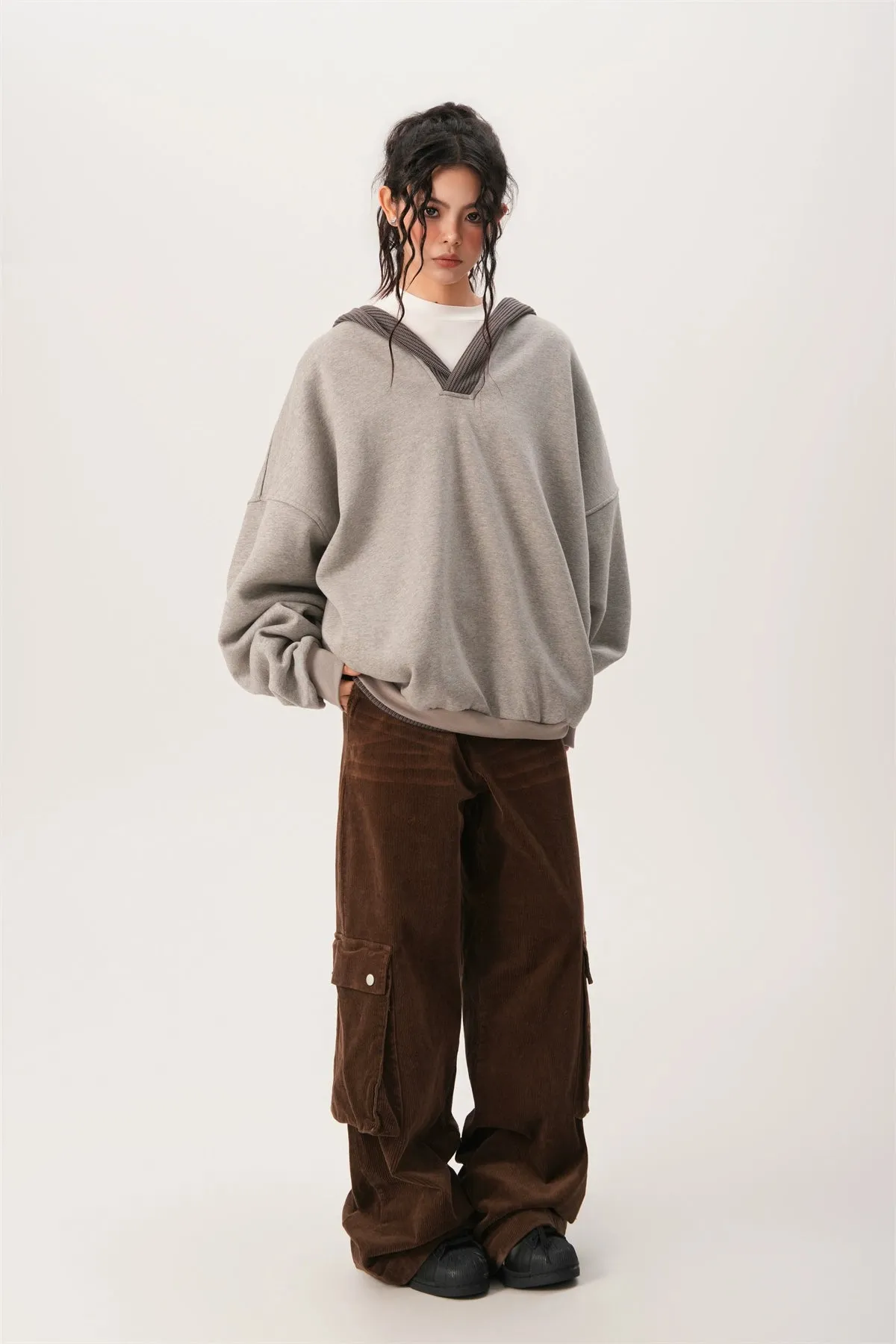 Oversized Knit Ribbed Heathered Hoodie