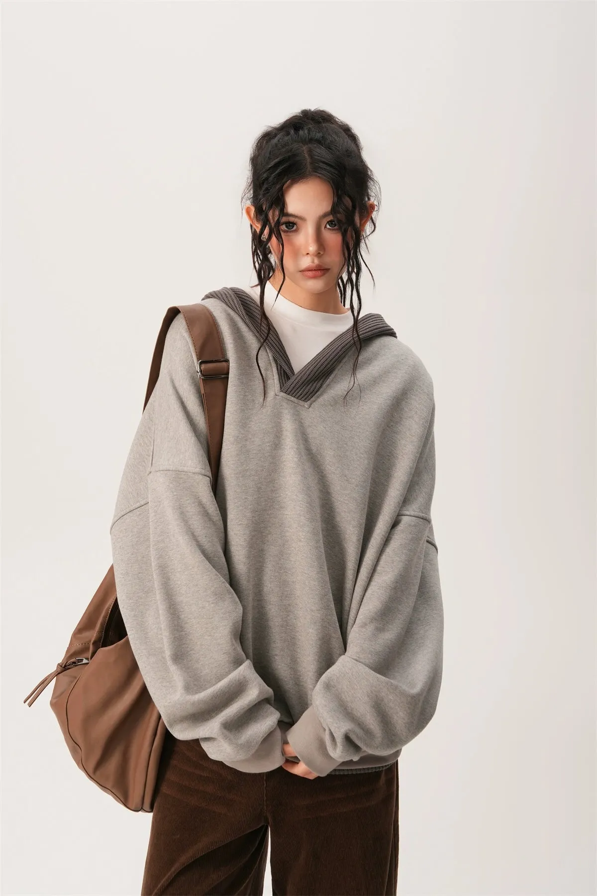 Oversized Knit Ribbed Heathered Hoodie