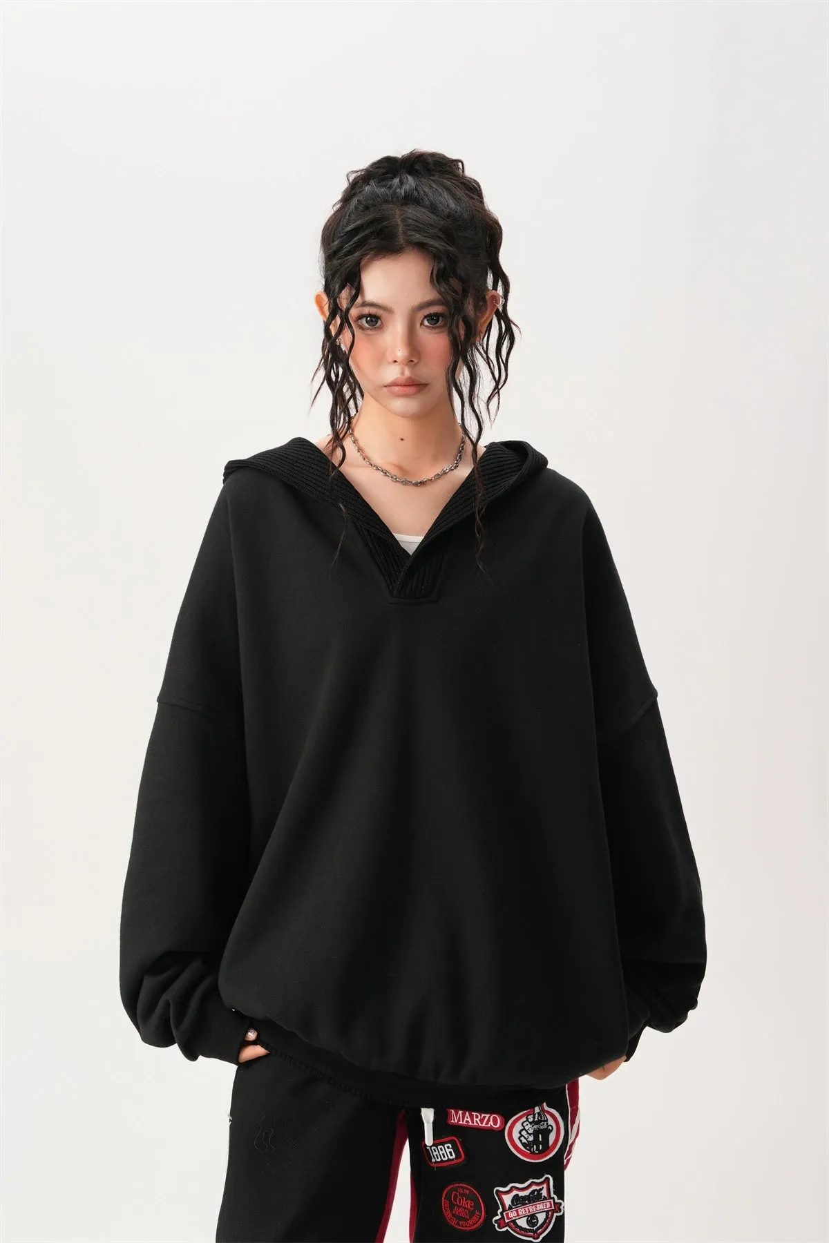 Oversized Knit Ribbed Heathered Hoodie