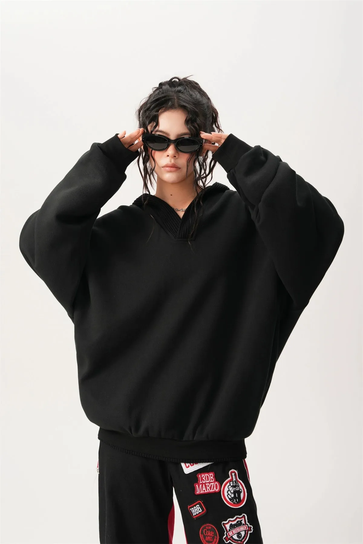 Oversized Knit Ribbed Heathered Hoodie