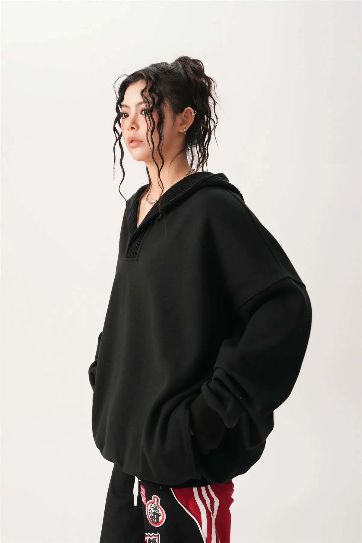 Oversized Knit Ribbed Heathered Hoodie