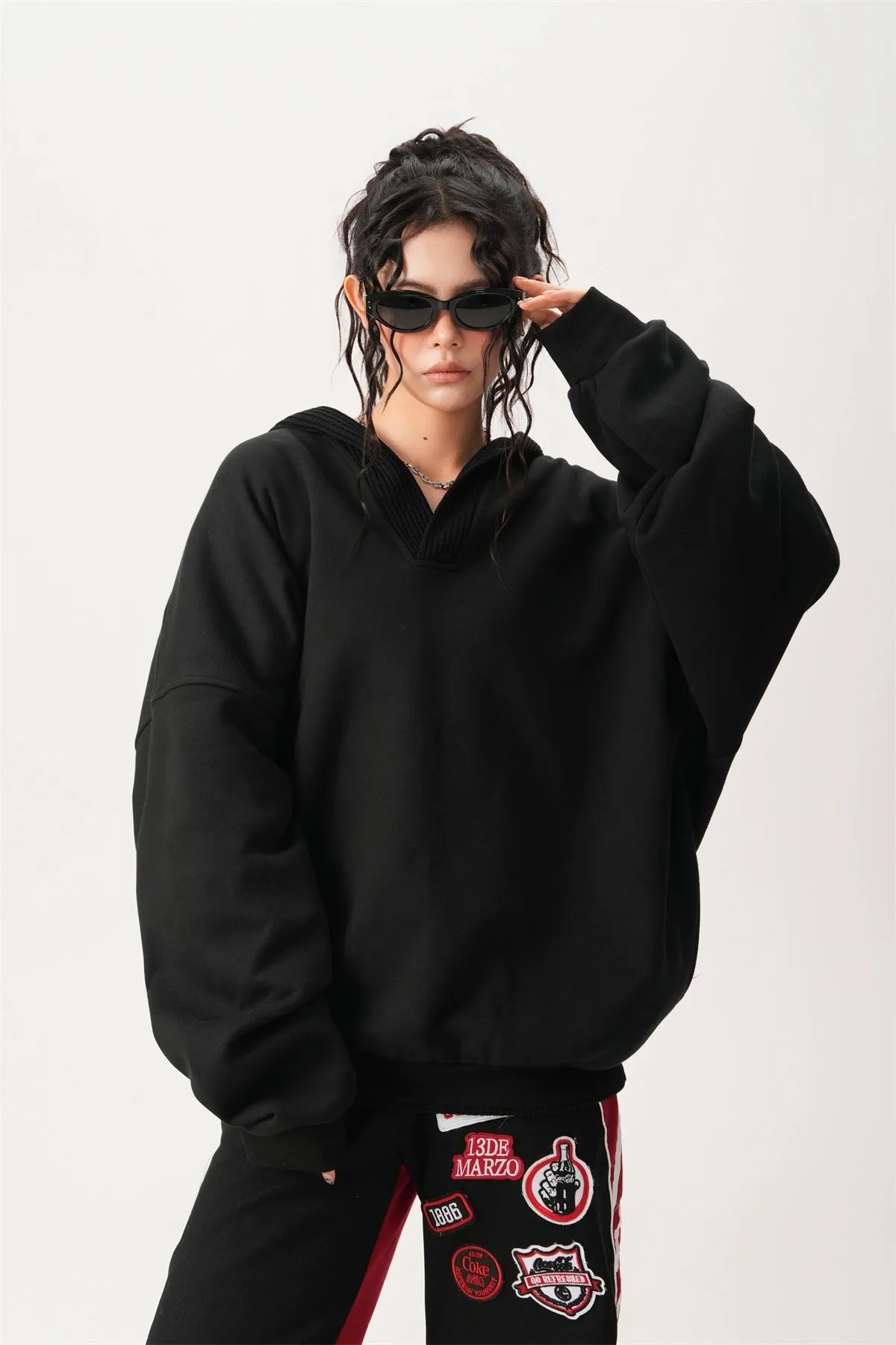 Oversized Knit Ribbed Heathered Hoodie