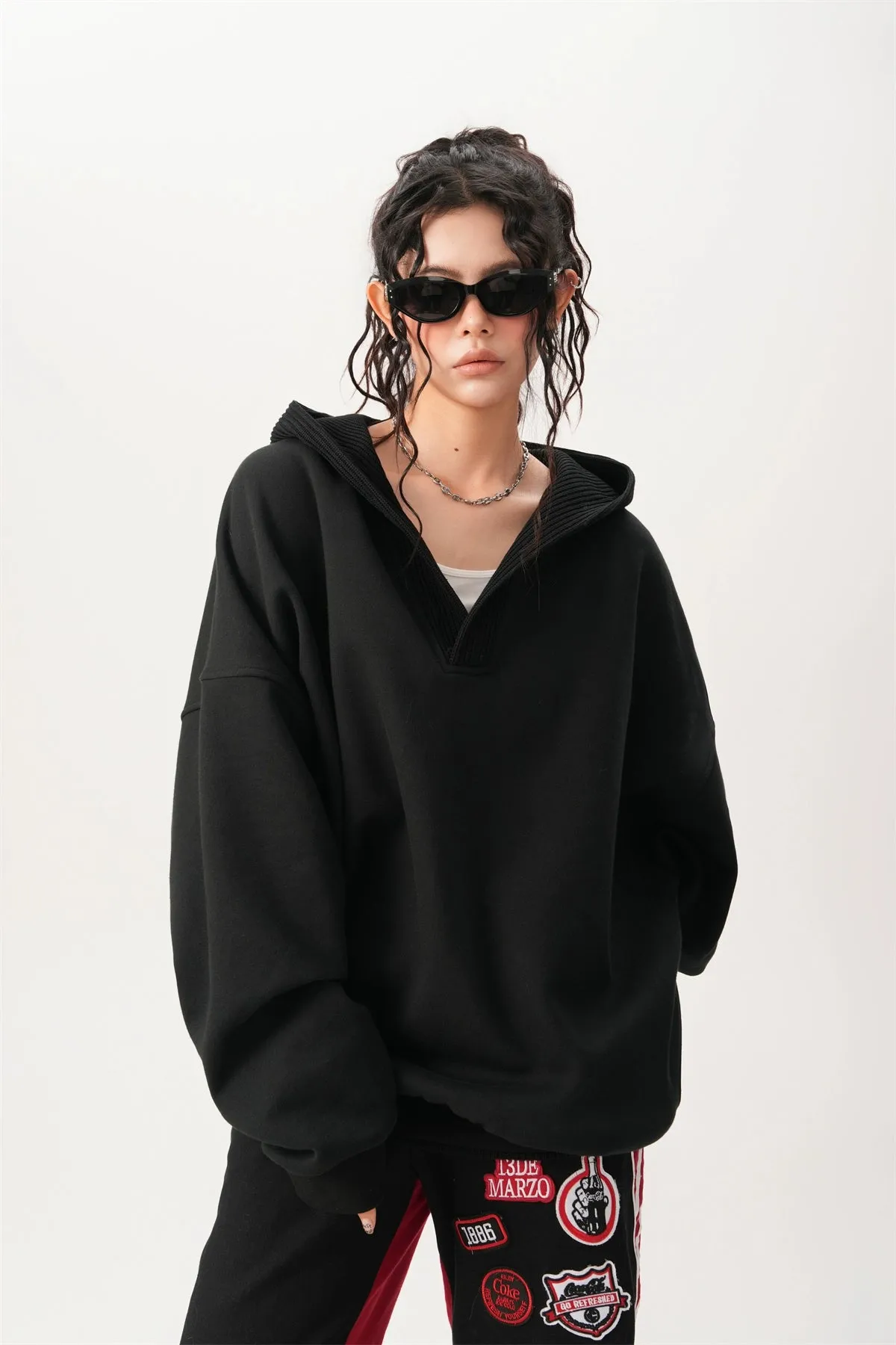 Oversized Knit Ribbed Heathered Hoodie