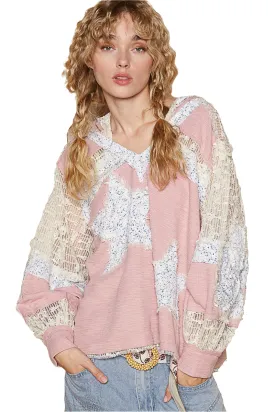 POL Lace Hoodie Star Patchwork Pullover Top Long Sleeve Oversized Bohemian Shirt