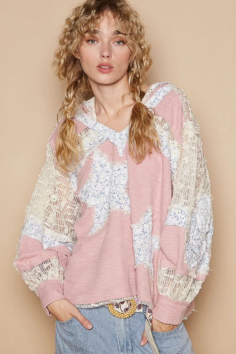 POL Lace Hoodie Star Patchwork Pullover Top Long Sleeve Oversized Bohemian Shirt