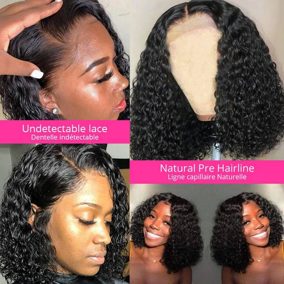 Pre-Plucked Curly Bob Deep Wave Brazilian Human Hair Transparent Lace Wig