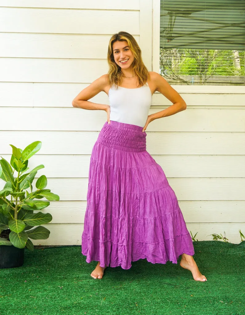 Purple Raw Crinkled Organic Cotton Gauze Tiered Maxi Skirt